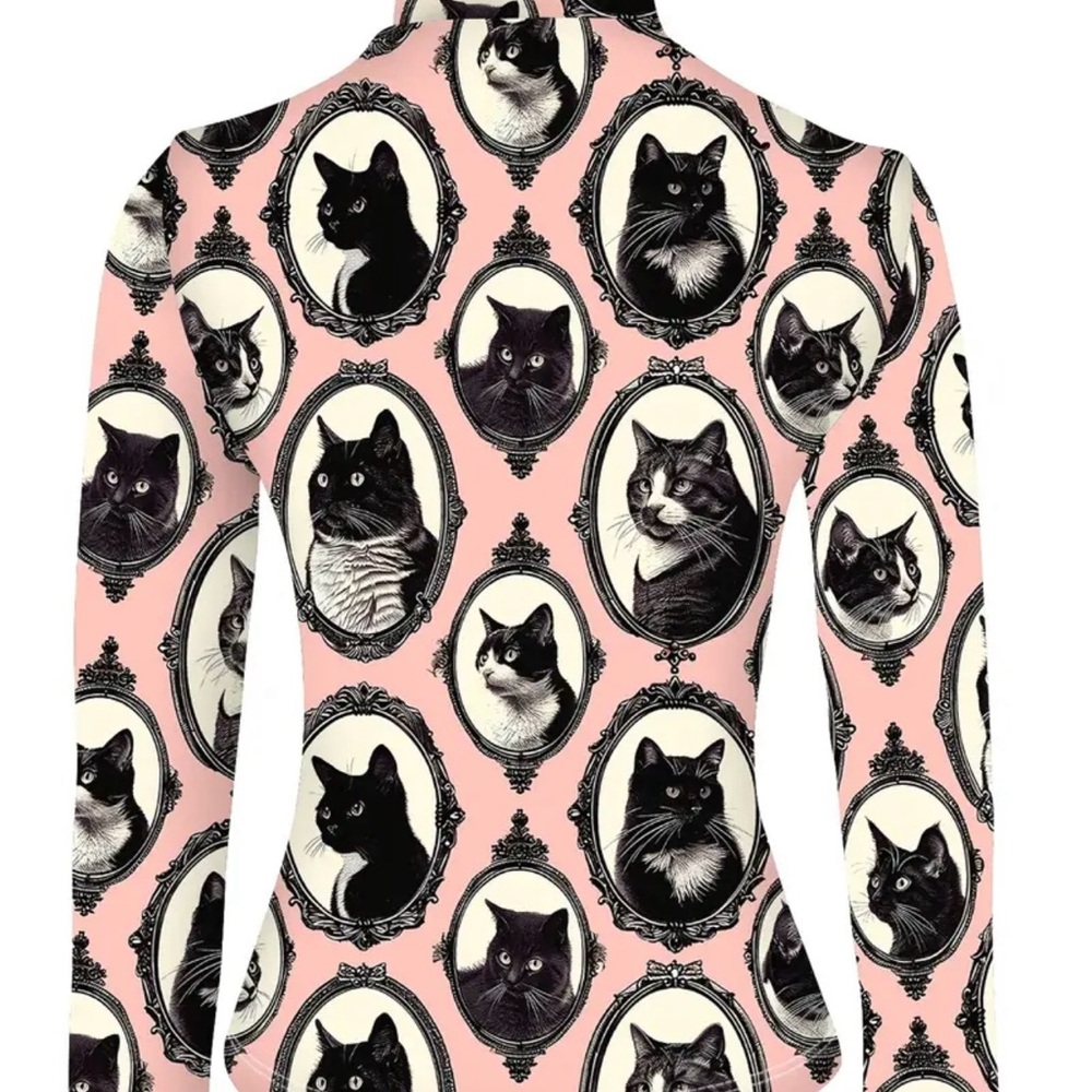 Chic Pink Cat print mock neck turtleneck - Picture 2 of 3